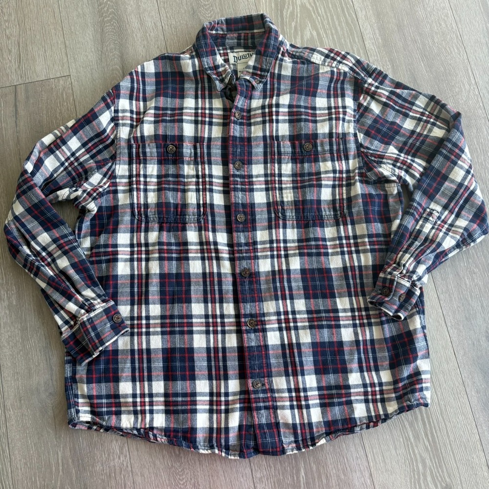 Duluth Trading Co. Mens Blue White Plaid Relaxed Fit Button Down Shirt Size L